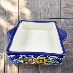 Vintage Hand Made Mexico Talavera Pottery Square Dish Tray‎ With Handles Marked